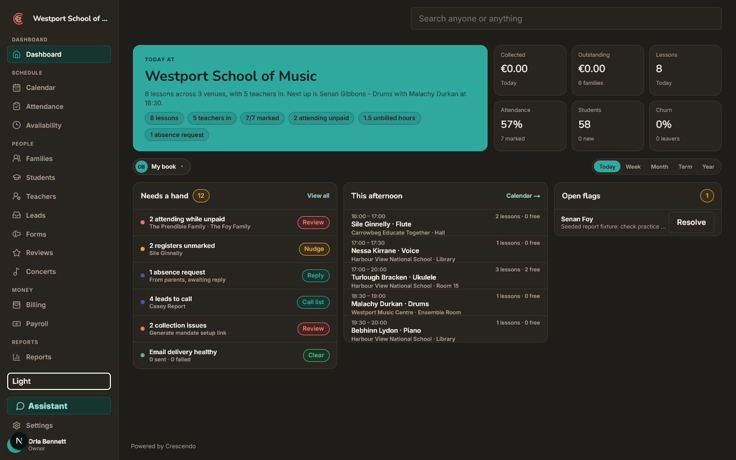 Crescendo command centre in dark mode
